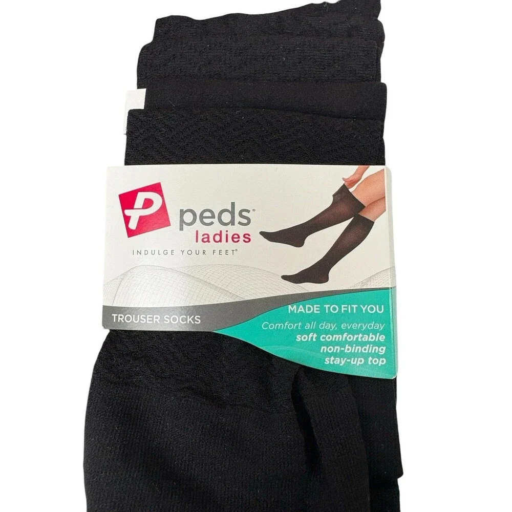 Peds Ladies Trouser Socks 6 Pair Shoe Size 5-10 Solid Pattern Non Binding Black